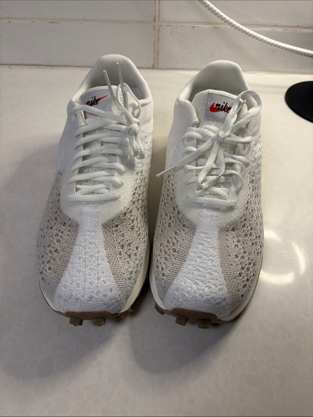 Nike White Mens  Flyknit Running Shoes with Tan Accents